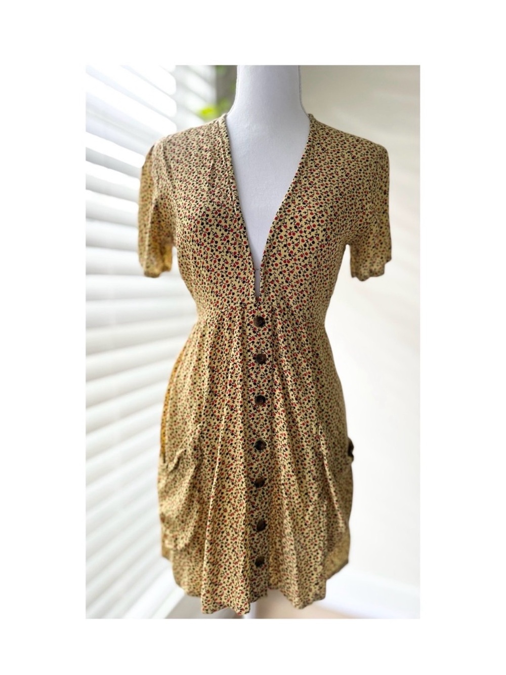 Faithfull the Brand Yellow Floral Button-Front Mini Dress